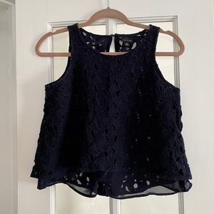 Navy Blue Floral Crochet Lace Layered Sleeveless Crop Top - XS